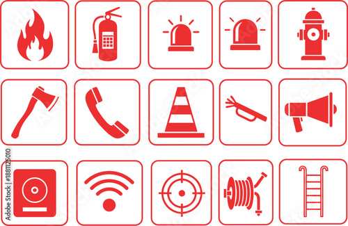 Professional red emergency equipment symbols and fire department icons for building evacuation plans, security systems, workplace health and safety protocols, and warning signage.