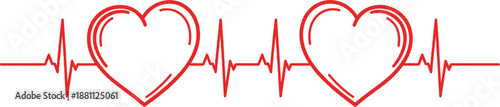 Red line art illustration of two hearts connected by a continuous medical heartbeat pulse line representing shared love and cardiovascular health concepts.