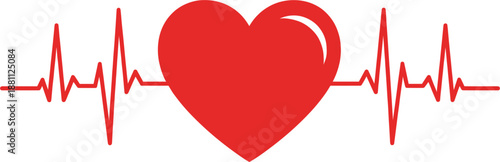 Red heart silhouette with medical heartbeat pulse line representing love, cardiology health, life insurance, and romantic passion isolated on white background.