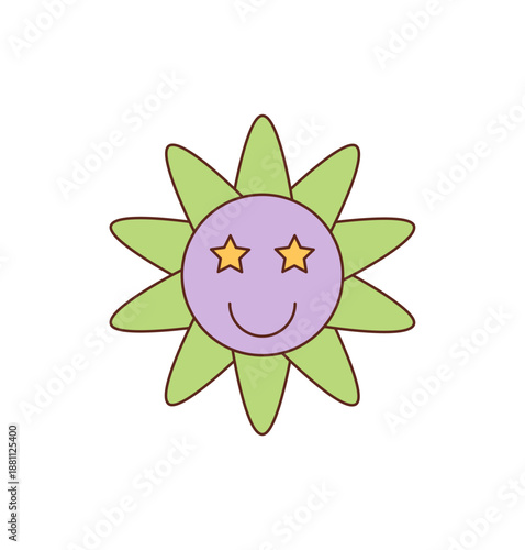 Groovy retro flower sticker with happy cartoon face. Funky purple and green star detail create a y2k smile and vibrant groovy element, ideal as a trendy playful character for positive projects.
