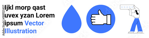 Digital design, brand identity, feedback, communication, questionnaires, visual design. a water drop, thumbs-up and figure surveying. Brand identity and feedback concept