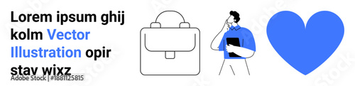 Business ideas, communication, workplace planning, creative thinking, emotional connection, branding. Man thinking, briefcase blue heart with placeholder text. Business ideas and communication