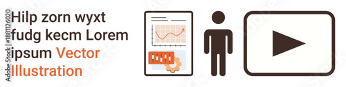Data visualization, video marketing, tech usability, communication tools, analytics, human interaction. Chart and play icon with person. Data visualization and video marketing theme