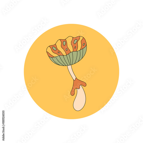 Groovy retro circle mushroom label in flat orange style sticker. This sticker works as a box or package seal and makes an ideal lid tag for trendy y2k inspired packaging.