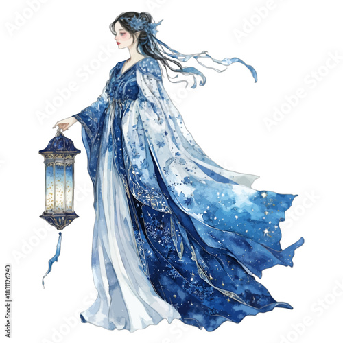 Elegant woman in blue starry dress holding vintage lantern
