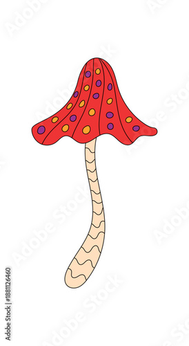Groovy psychedelic mushroom with wavy retro form in cartoon graphic style. Trippy shroom element as magic and colorful sticker for y2k and groovy element art in playful vintage mood.