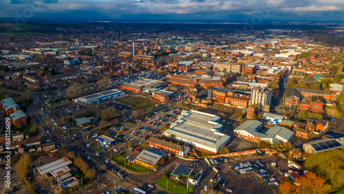 Aerial view of the busy Burton upon Trent town center in England