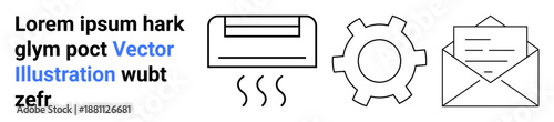 Air conditioner emitting cool air, a gear symbolizing settings or optimization, and an envelope representing communication. Ideal for HVAC systems, automation, tools, efficiency, messaging, service