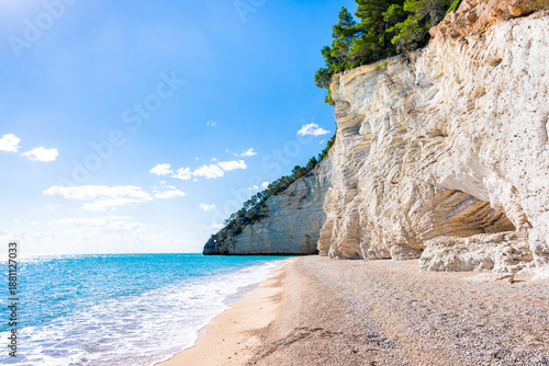 Wallpaper Mural Majestic white limestone cliffs towering over a quiet pebble Vignanotica beach on the Gargano coast, Apulia, Italy Torontodigital.ca