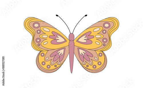 Groovy retro butterfly sticker in funky vintage style and wavy shape. Cute colorful nature element with y2k attitude and groovy element detail for bold decorative use in playful or creative