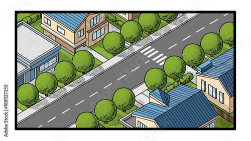 Isometric comic style suburban neighborhood with trees and roads