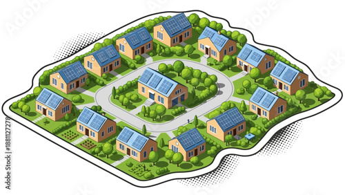 Sustainable suburban neighborhood with solar panel roofs and lush greenery