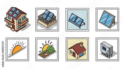Sustainable energy concepts: solar panels, sun, eco homes, and renewable innovations in isometric design