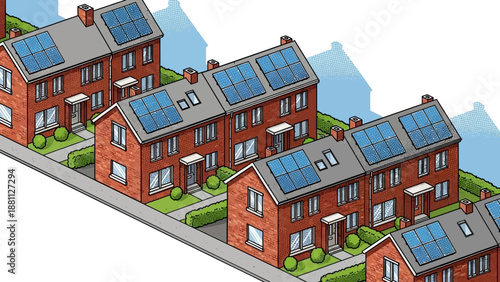 Isometric solar-powered brick houses and eco-friendly urban landscape