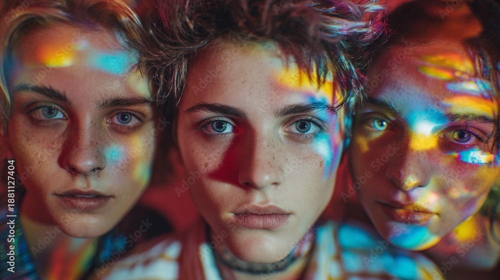 Obraz premium High-fashion group portrait, three models, dramatic backlight, abstract reflections, surreal editorial mood, ultra-detailed textures
