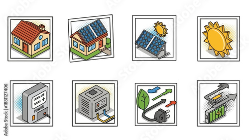 Sustainable energy icons: solar panels, eco-friendly technology, renewable power solutions