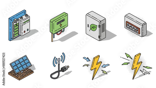 Isometric set of retro technology and sustainable energy icons illustrating innovation and eco-friendly solutions