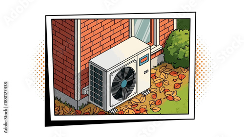 Autumn scene with outdoor air conditioning unit in comic style near brick wall