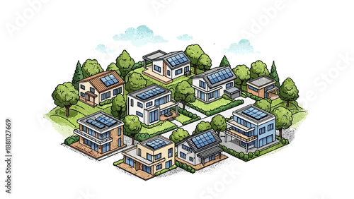 Sustainable eco-friendly community with solar-powered homes in isometric design