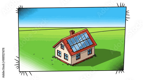 Retro comic style house with solar panels in a vibrant landscape