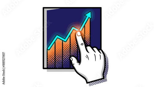 Hand touching rising graph on tablet display in pop art style