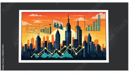 Cityscape with financial growth charts and graphs at sunset