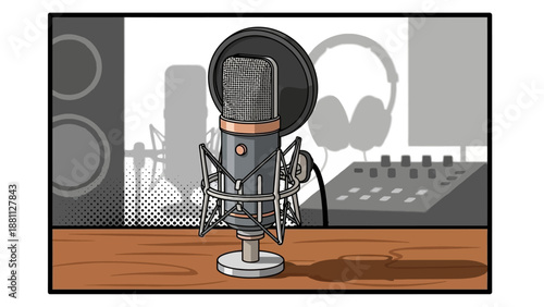 Retro microphone in studio with pop art style for podcasting and music