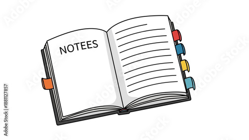 Open notebook with colorful tabs and lined pages for note taking