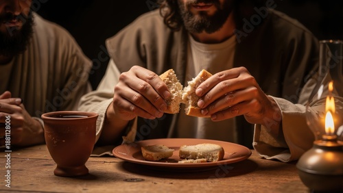 Jesus Christ breaking bread at the Last Supper. Biblical scene of the Eucharist with wine cup and oil lamp on a rustic wooden table. Christian religious concept