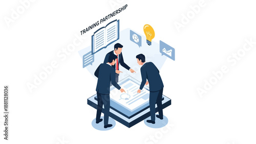 Collaborative teamwork in business training partnership with isometric design
