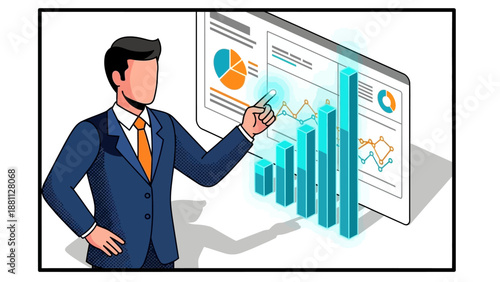 Businessman analyzing 3d graphs on digital dashboard with data charts in isometric style