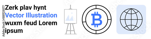 Cryptocurrency, blockchain, digital economy, creative tools, global connectivity, decentralized systems. Features a Bitcoin symbol, easel with an image and a globe icon. Cryptocurrency