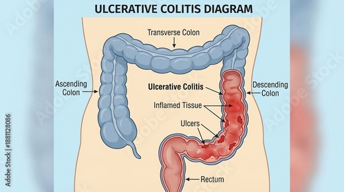 Medical diagram showing ulcerative colitis in the human colon