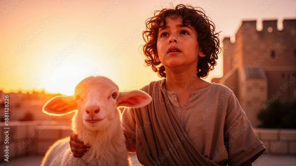 Fototapeta premium A young biblical boy holding a sacrificial lamb at sunset. Child with a reverent expression looking up in faith. Religious scene symbolizing innocence and devotion