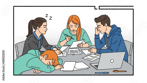Group study session with tired students in comic style