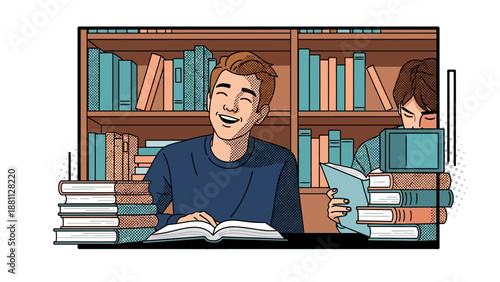 Comic style students enjoying study time in library with books