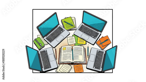 Collaborative study space with laptops and notebooks