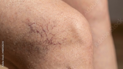 Close up of spider veins on human leg skin
