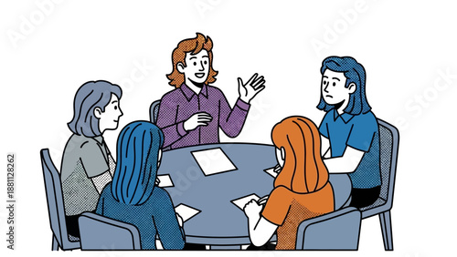 Team meeting in retro comic art style: diverse group discussing ideas around a table