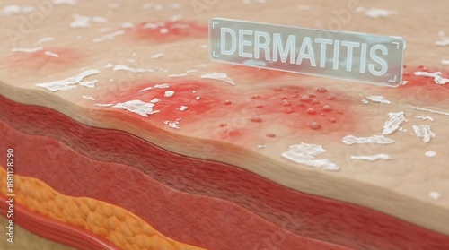 Detailed medical illustration of human skin layers with dermatitis