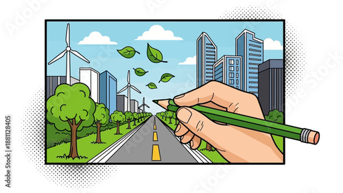 Eco-friendly city with wind turbines and skyscrapers in retro comic style