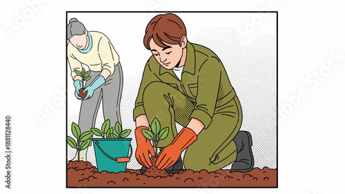 Community gardening scenes in pop art style featuring planting enthusiasts