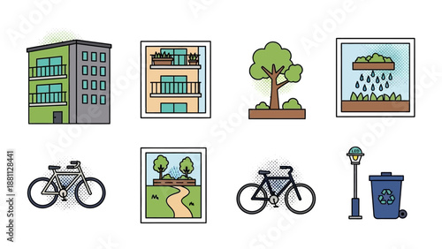 Sustainable city life: urban icons of green living and eco-friendly transportation