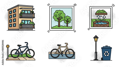 Urban living: eco-friendly cityscape with bicycles, nature, and green spaces