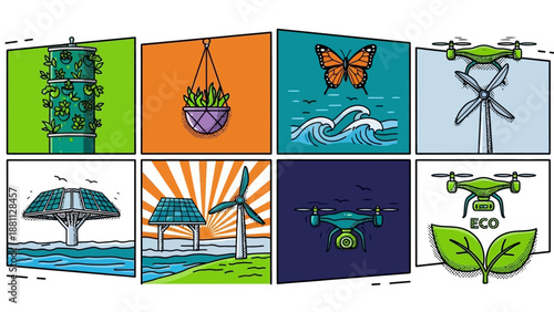 Eco-friendly technology and nature with comic style renewable energy concepts