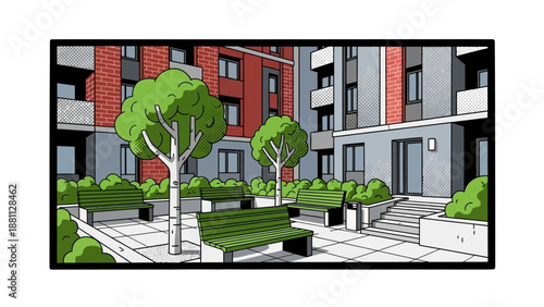 Modern urban courtyard with green benches and trees in comic style