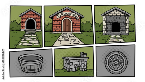 Comic style courtyard with brick buildings and stone elements on grass background