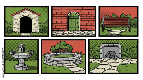 Retro comic style outdoor elements featuring stone structures and greenery
