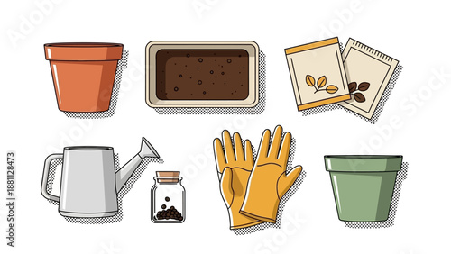 Gardening essentials: flat design seed packs and tools collection