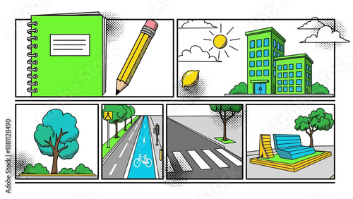 Comic style urban scenes featuring green spaces and city elements